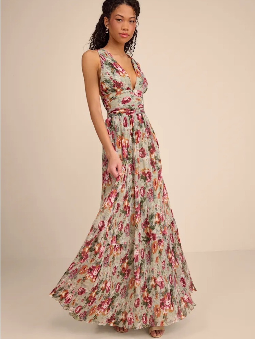 Lulu's Sage Floral Plunging Maxi Dress with Rose Accents
